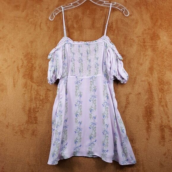 INTERMIX Mini Dress Womens Size 2 Purple Floral Off the Shoulder Smocked Girly - Picture 7 of 15